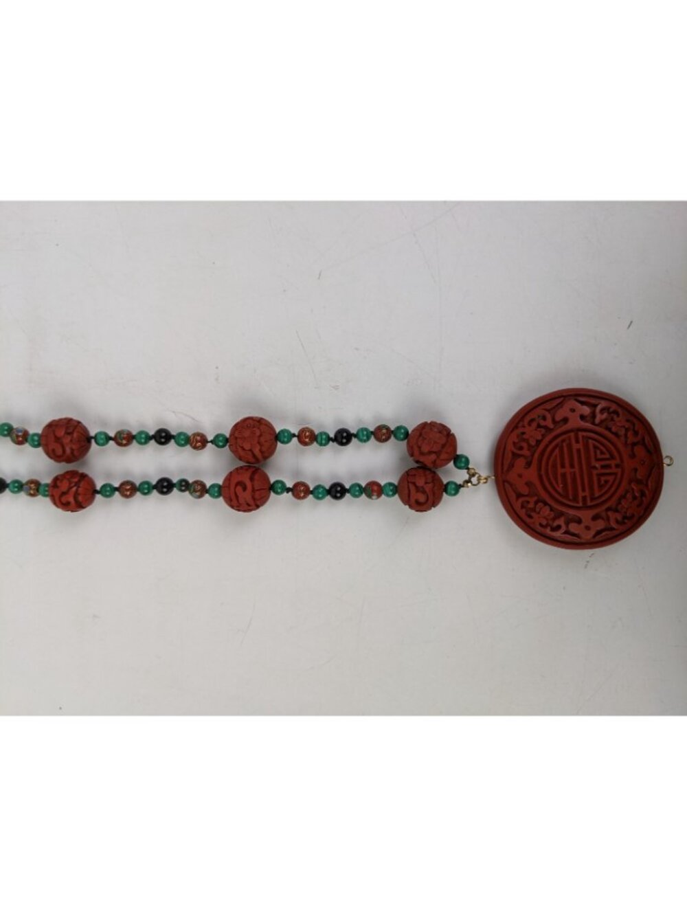 Vintage Chinese Cinnabar Malachite & Onyx Beaded Necklace - Picture 9 of 13
